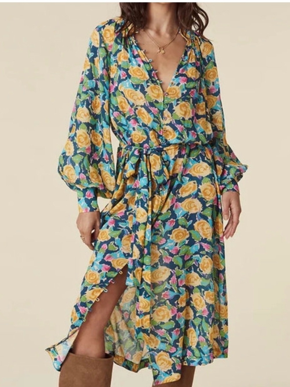 Spell Yellow Islamorada rose Print Long Sleeve Midi Dress on Teal